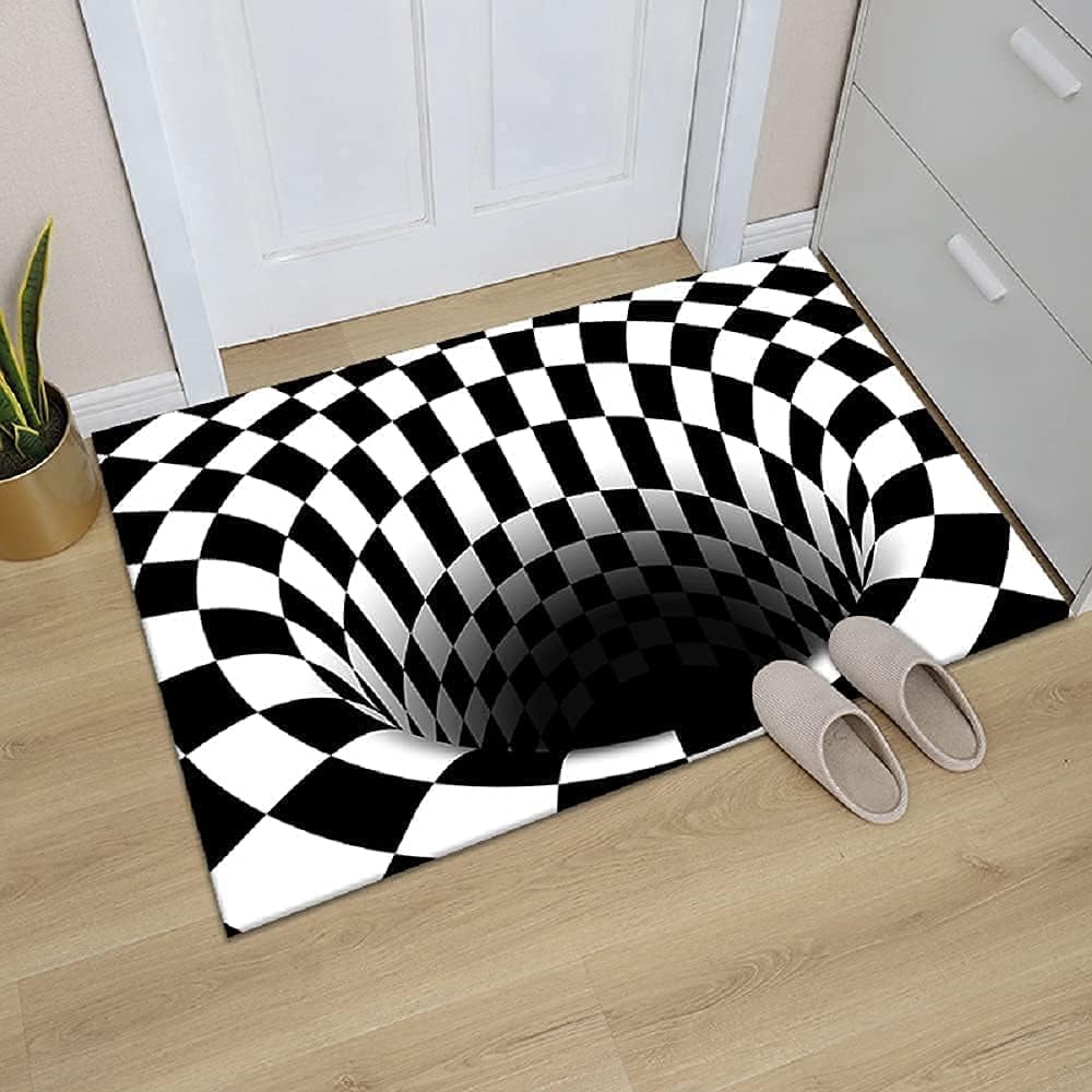 NUYKOY YAOSH 3D Optical Illusion Round Floor Mat – Black and White Plaid