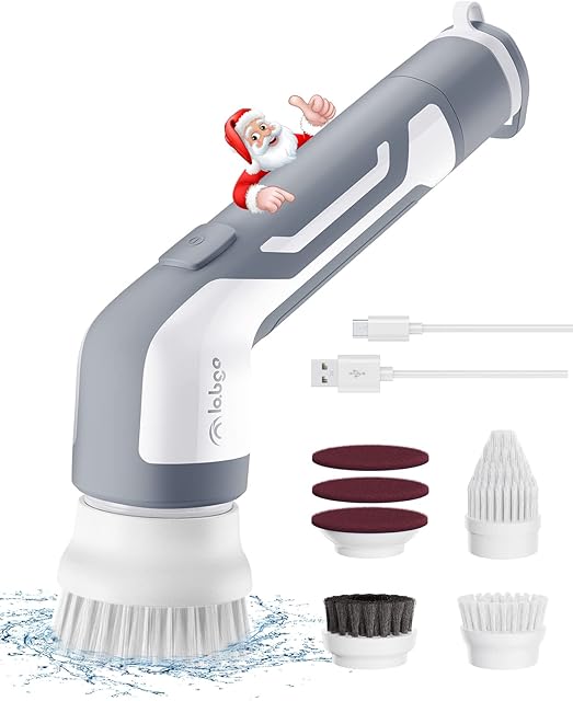 LABIGO Electric Spin Scrubber, Cordless Spin Scrubber with 4 Replaceable Brush Heads,2 Adjustable Speeds, Power Cleaning Brush for Bathroom Car Tile Grill (Grey)