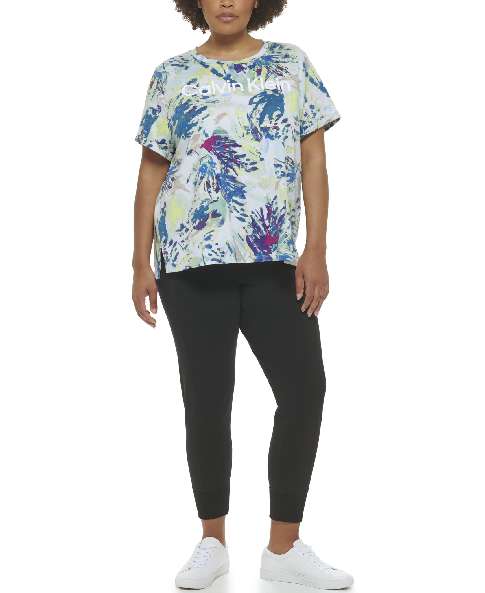 Women Plus Size Active Logo Print Rolled Cuff Tee, Floral WASH SEA Level, 2X