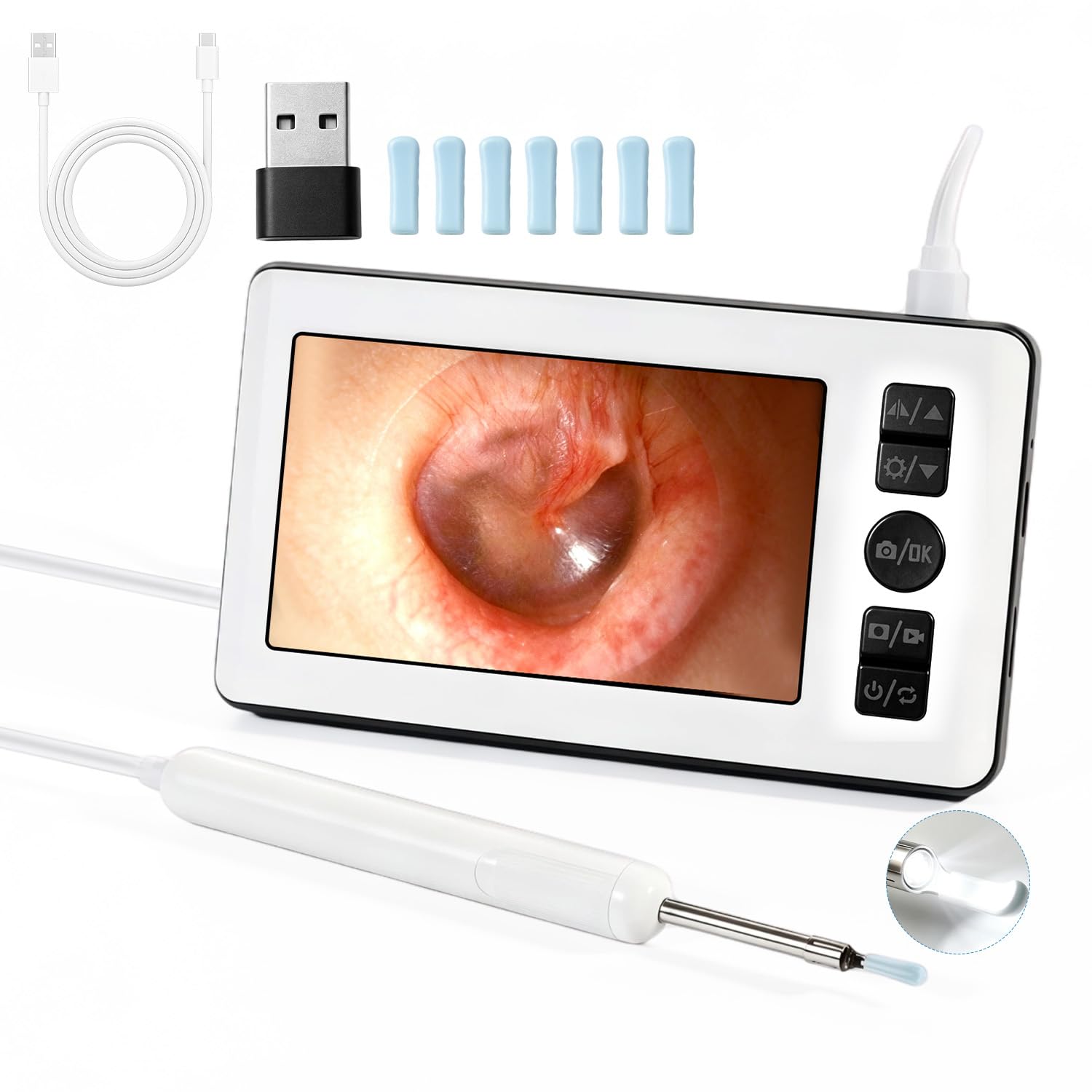 AURTEC Otoscopio digital con pantalla IPS 1080P HD de 4.3 pulgadas, limpiador de cera, batería recargable de 2500 mAh, modo dual (pantalla integrada y conexión de teléfono), 6 luces LED y puntas de