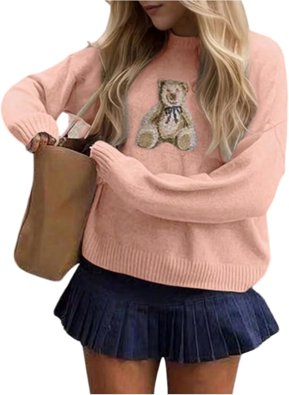 Floerns Women's Bear Long Sleeve Pullover Sweater Cute Crew Neck Knitted Tops