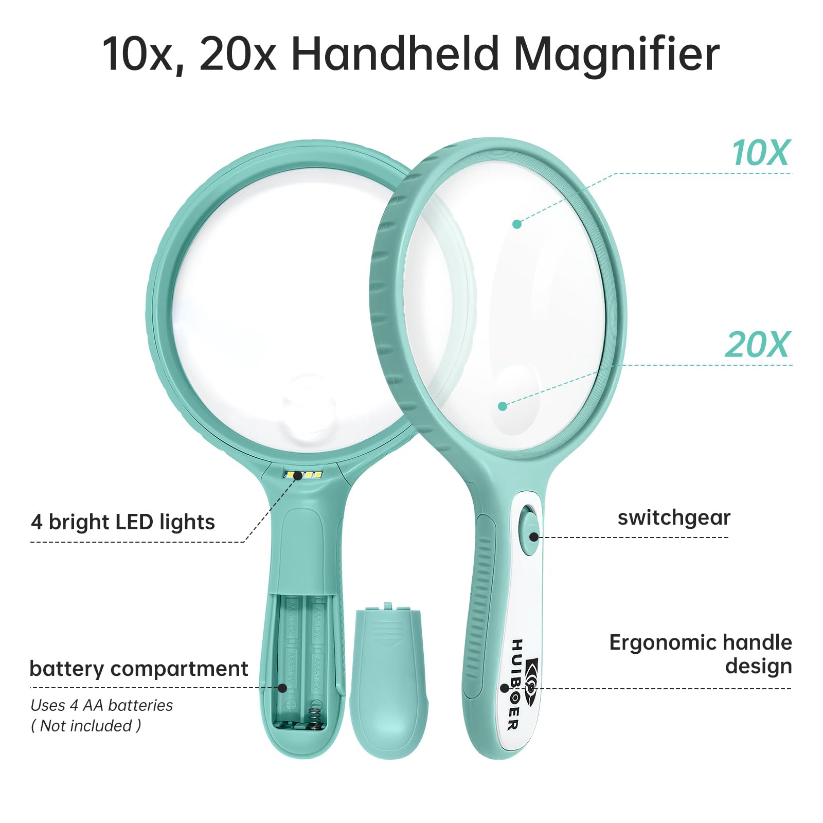 Set of 2 Lighted Magnifying Glass Includes Large and Small Handheld Magnifiers with LED Lamp Light and 3X 10x 20x Magnifying Lenses Ideal for Different Needs - Useful Gifts for Kid and Senior (Green)