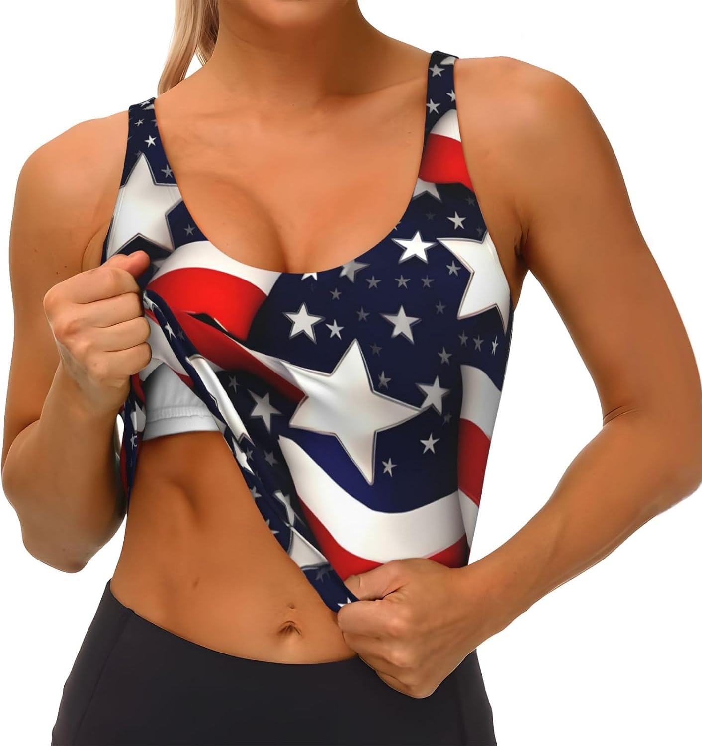 American Flag Stars Stripes Print Women's Sports Bra Tank Tops,Longline Sports Bras for Yoga,Workout and Running
