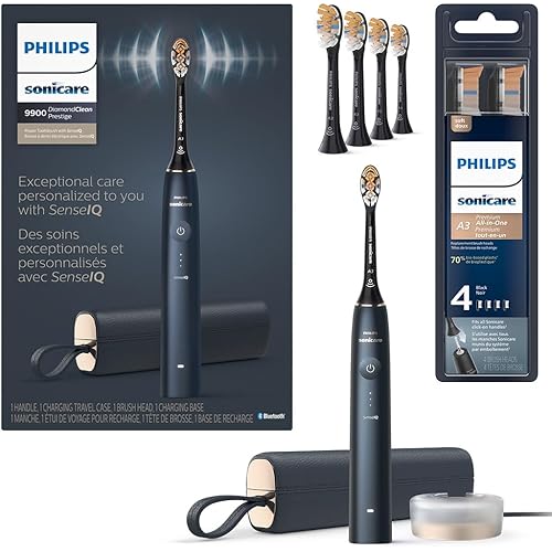 Philips Sonicare DiamondClean Prestige 9900 Rechargeable Electric Toothbrush with SenseIQ, 5 Premium All-in-One Brush Heads, Plaque Removal, Gum Care, Whitening, Midnight, BD9002AZ