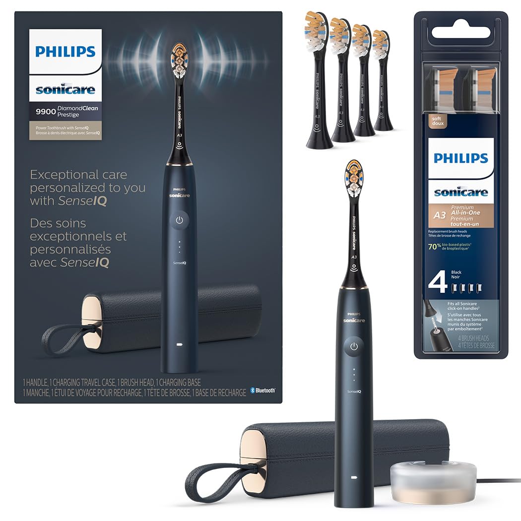 Philips Sonicare DiamondClean Prestige 9900 Rechargeable Electric Toothbrush with SenseIQ 5 Premium All-in-One Brush Heads Plaque Removal Gum