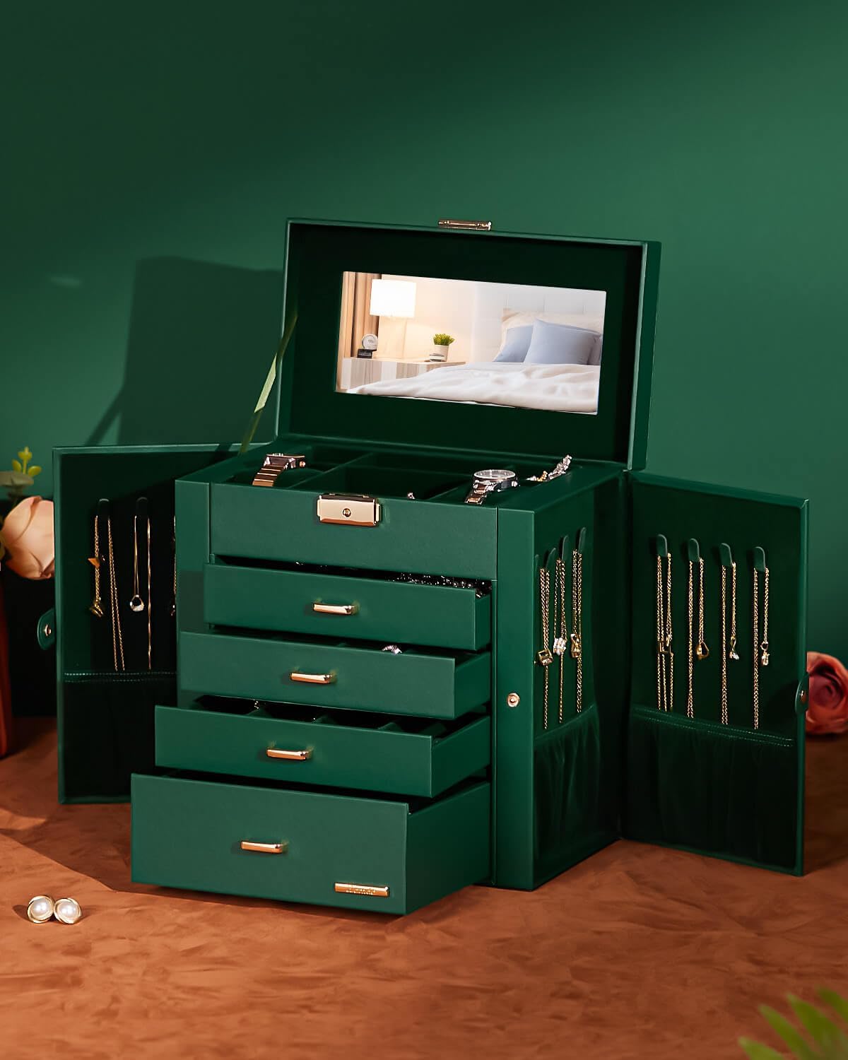 Homde Synthetic Leather Huge Jewelry Box Mirrored Watch Organizer Necklace Ring Earring Storage Lockable Gift Case (Forest Green + Gold) - Image 8