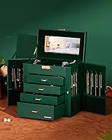 Vista 35 de Homde Regalos de Navidad de cuero sintético, enorme joyero, organizador de reloj con espejo, collar, anillo y aretes, estuche de regalo con Dorado