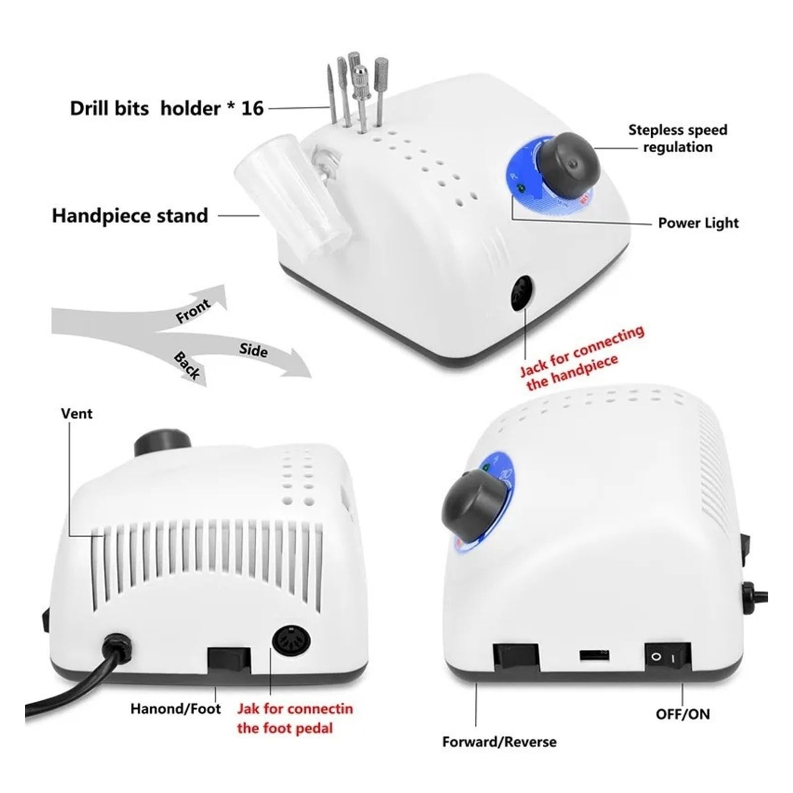 Máquina perforadora de uñas, 65W 45000rpm Taladro de uñas Máquina manicura Pedicura Lima eléctrica Bits