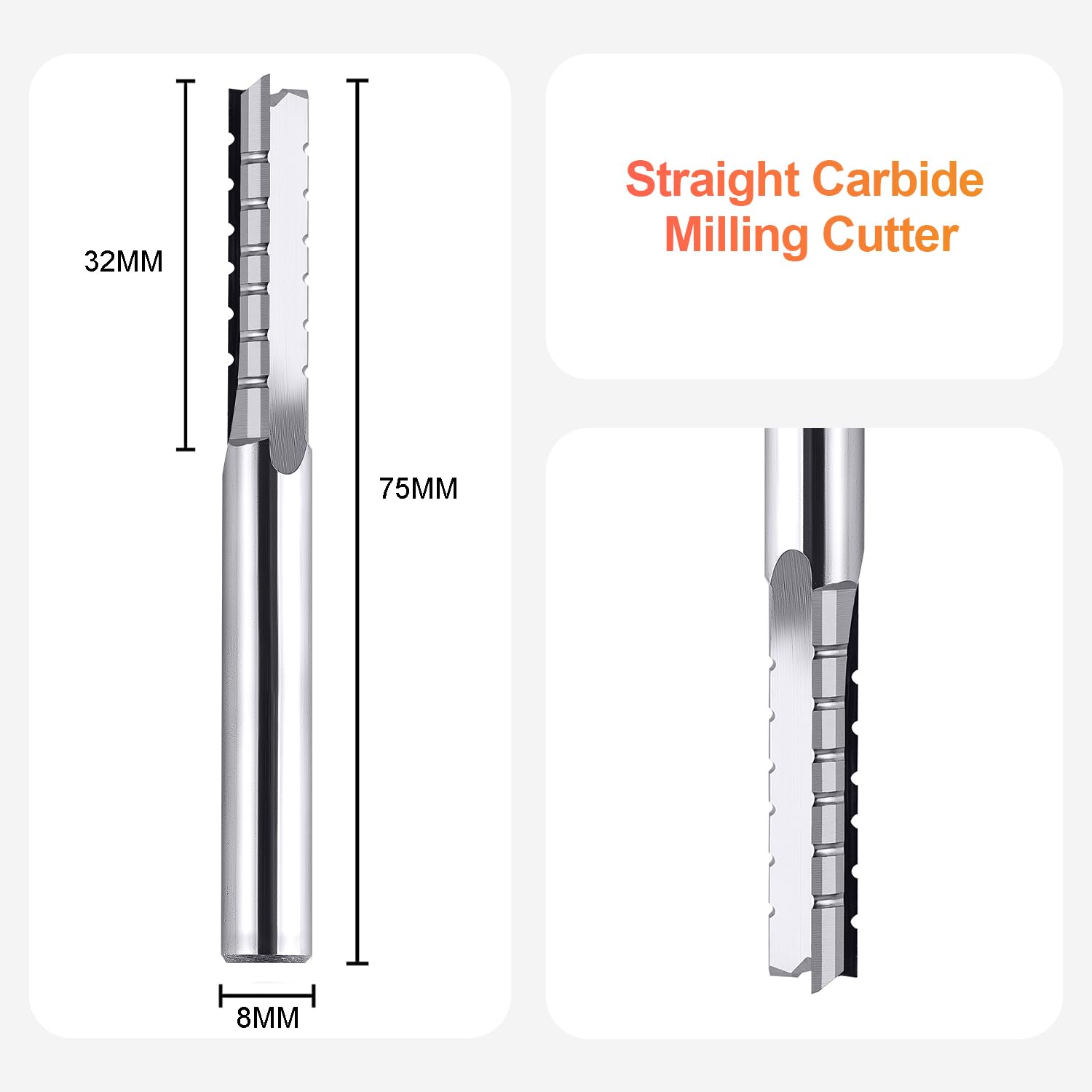 SpeTool 8 mm Schaftdurchmesser Gerader Hartmetall-Fräser mit Wolframkarbidspitze 32 mm Schnittlänge 3 Flöten Schnitzen CNC-Trimmschlitz, Spanbrecher, Sperrholz-Schaftfräser für die Holzbearbeitung