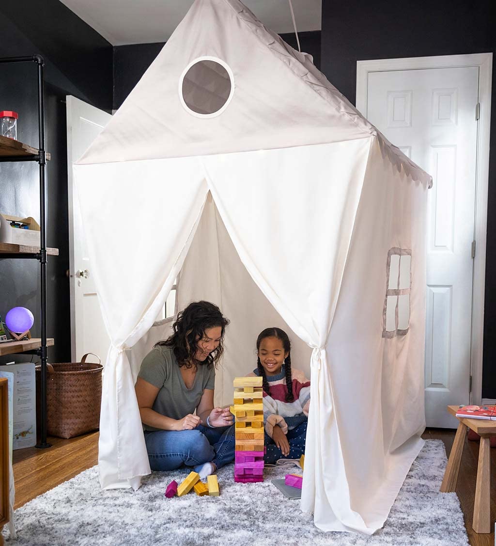 HearthSong Cozy Cottage Bed Canopy, Soft Gray and Ivory 4’W x 4’L x 6½’H Canopy, Polyester Material, Battery-Operated LED String Lights, Ages 3 to 12, Soft Gray