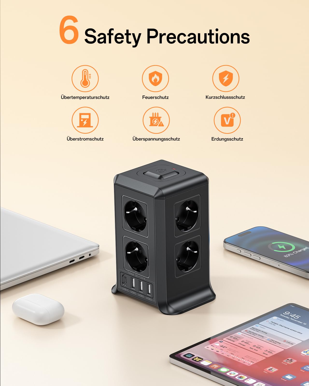 Multiprise avec Interrupteur, Multiprise Parafoudre et Surtension with 8 Sortie AC and 4 USB Ports, pour Le Bureau, Salon, Chambre à Coucher