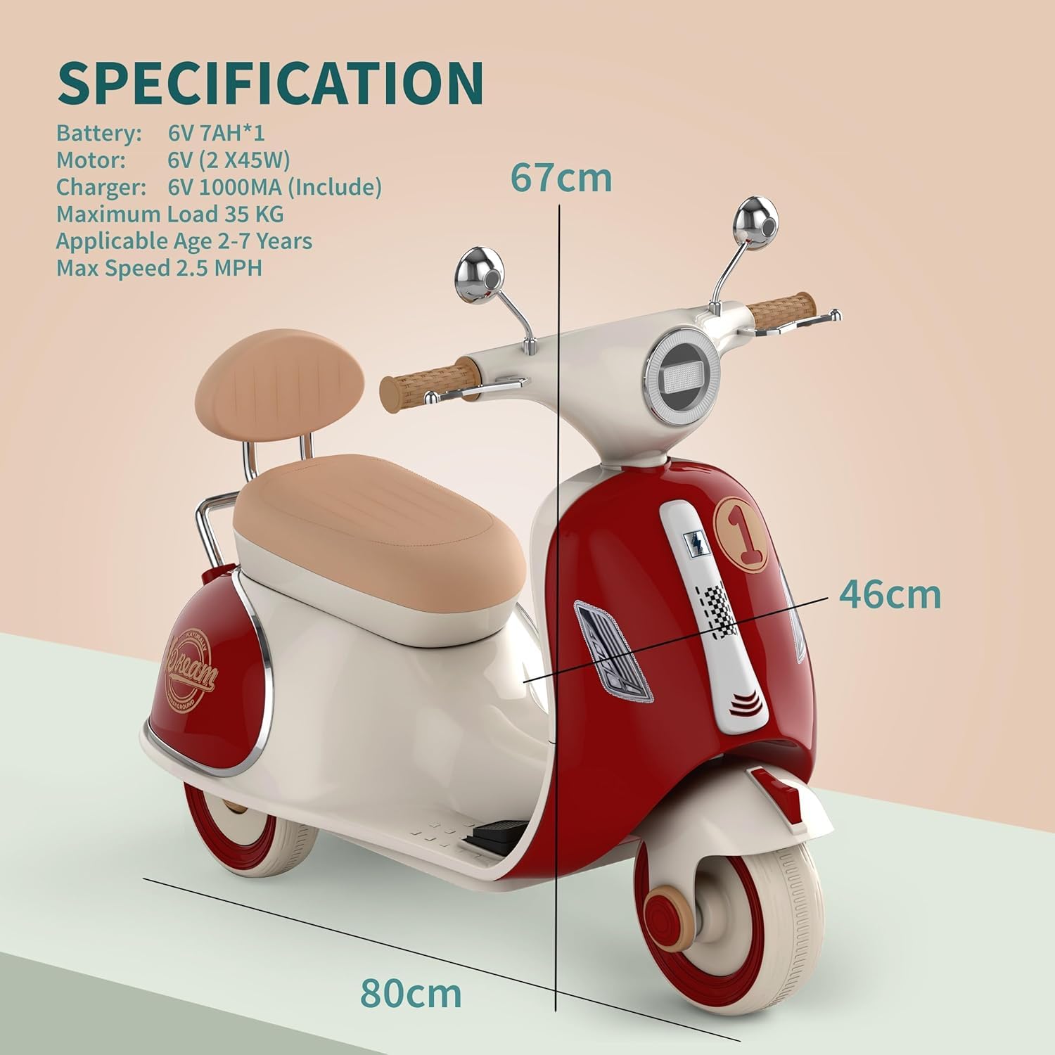 kidsROAR Electric Bike for Kids, Battery Operated Vintage Scooter for Girls and Boys with Music Wide Seat, Safe Bike for Kid, Ages 2-6 Years, Stylish & Fun Design (Red) - Image 6 thumbnail