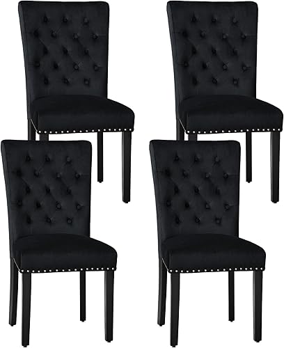 Miniatura 24 de Juego de 4 sillas de comedor de cocina de terciopelo, silla de comedor tapizada Parsons, silla decorativa de madera con ribete clavado, azul