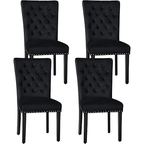 Velvet Dining Kitchen Chair Set of 4, Parsons Upholstered Dining Room Chair, Wood Accent Chair with Nailed Trim, Black
