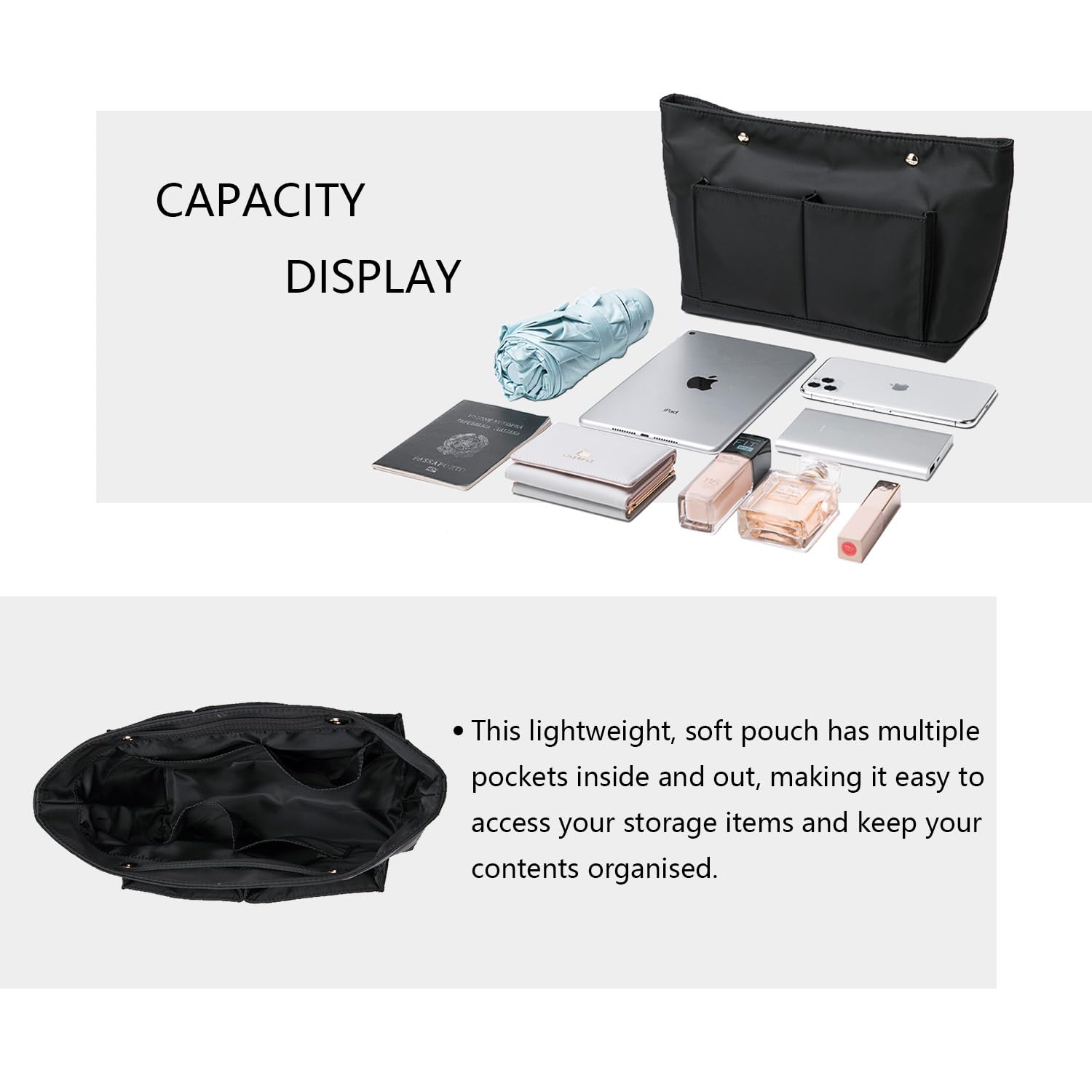Organiseur de sac à main léger avec plusieurs poches – Organiseur de sac à main pour rangement et organisation, trousse de maquillage (nylon-noir, M)