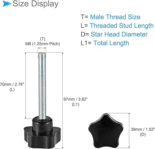Miniatura 39 de Perillas de sujeción de estrella, rosca macho M6 x 1.969 in, cabeza de 1.260 in, mango de tornillo de pulgar de plástico, perno roscado negro