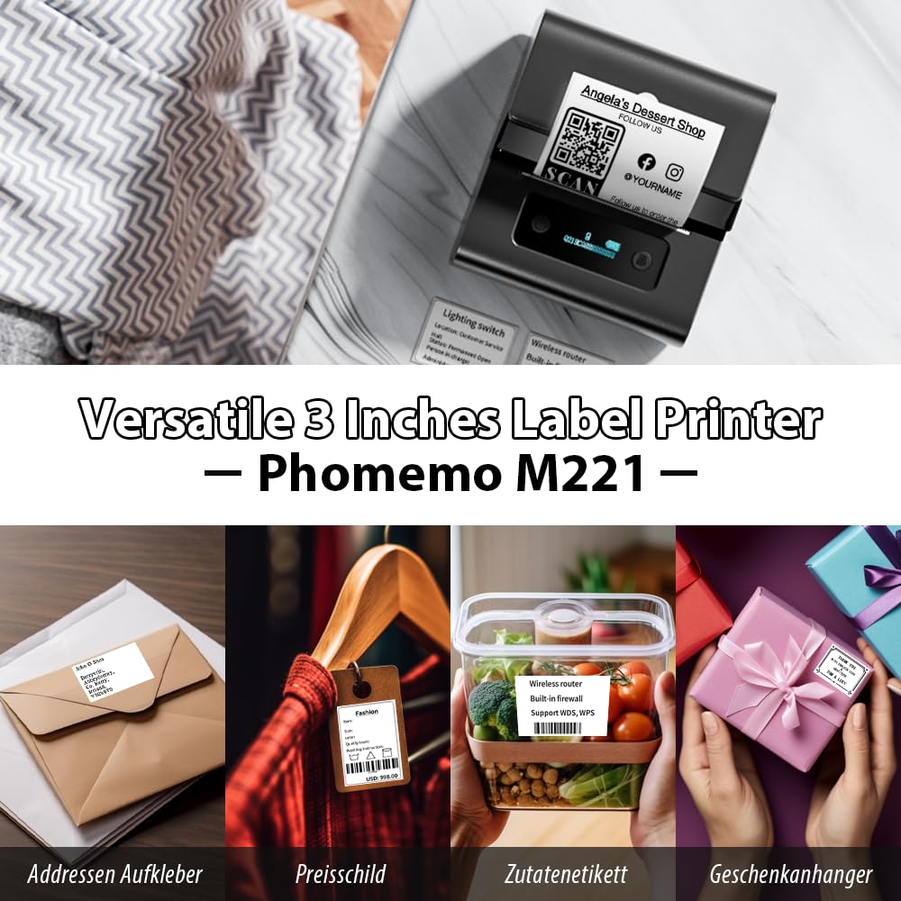 Phomemo M221 Etichettatrice Termiche Bluetooth, Set di Etichettatrice Portatile per piccole imprese, casa, scuola, Stampante Etichette Adesive con 3 rotoli di etichette e 1 borsa portatile, Grigio