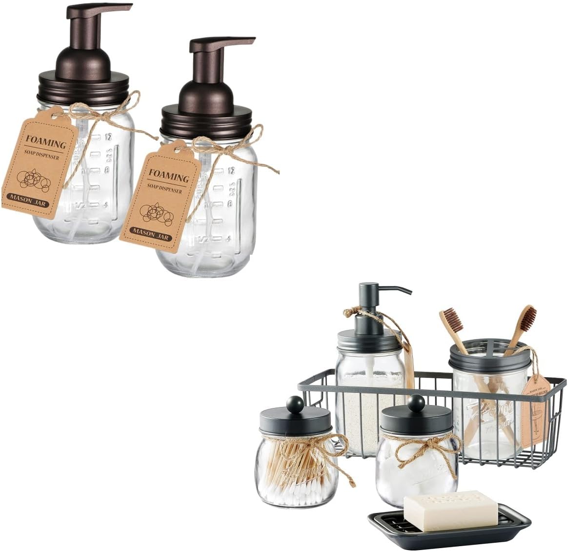 SheeChung 6Pcs Mason Jar Bathroom Accessories Set, Toothbrush Holder, Hand Soap Dispenser, Qtip Holder & 2 Pack Glass Foaming Soap Dispenser, Refillable, Rustic Farmhouse Decor