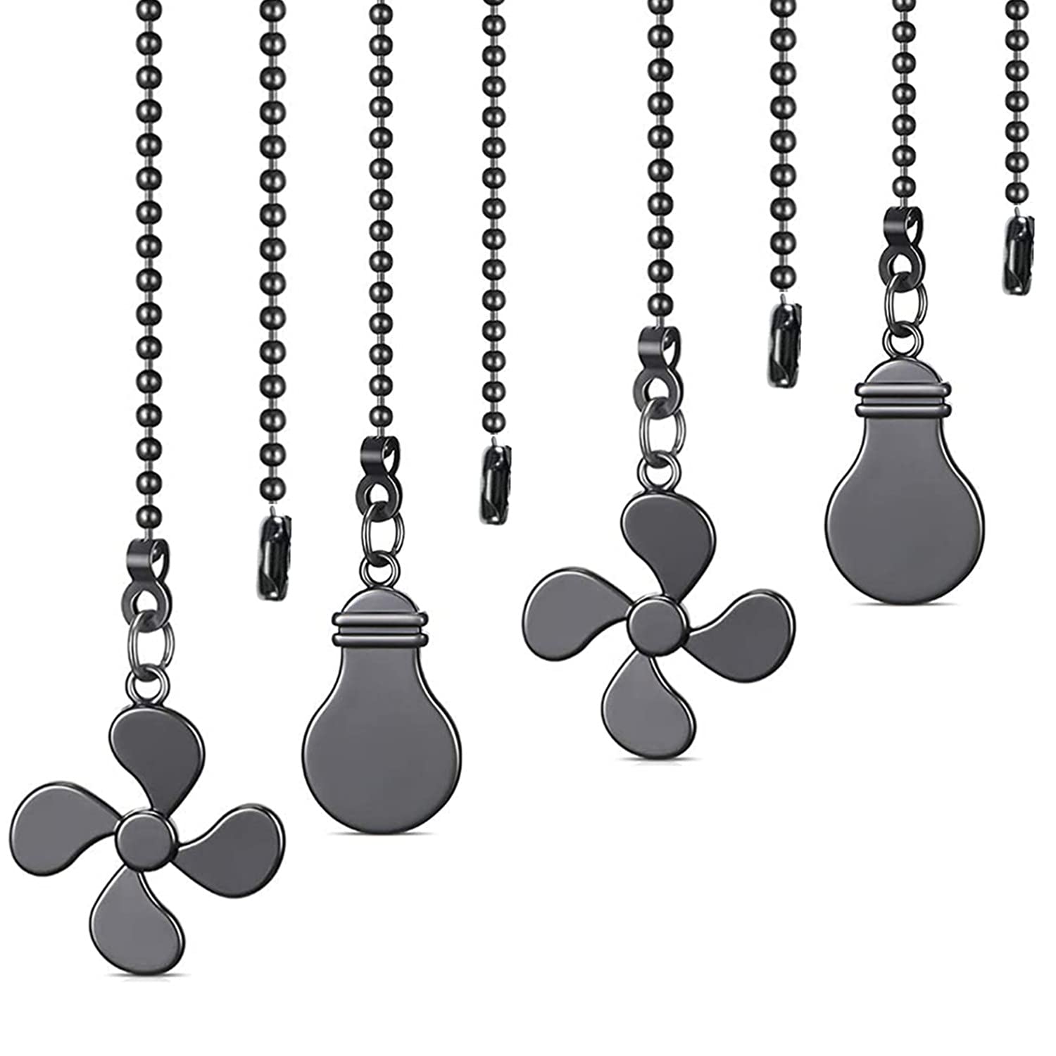 Ceiling Fan Pull Chain Set - 4 Piece Bulb and Fan Pattern Extension Pendant, 12 Inch Extender With Ball Connector (Gun Metal)
