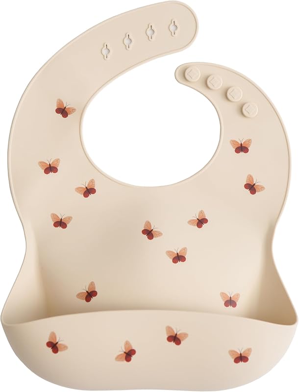 Mushie Baby Silicone Bib | Adjustable Fit Waterproof Bibs | Easy Wipe Baby Feeding Bibs | 4 Adjustable Sizes with Deep Front Pockets | 100% BPA and Phthalate Free