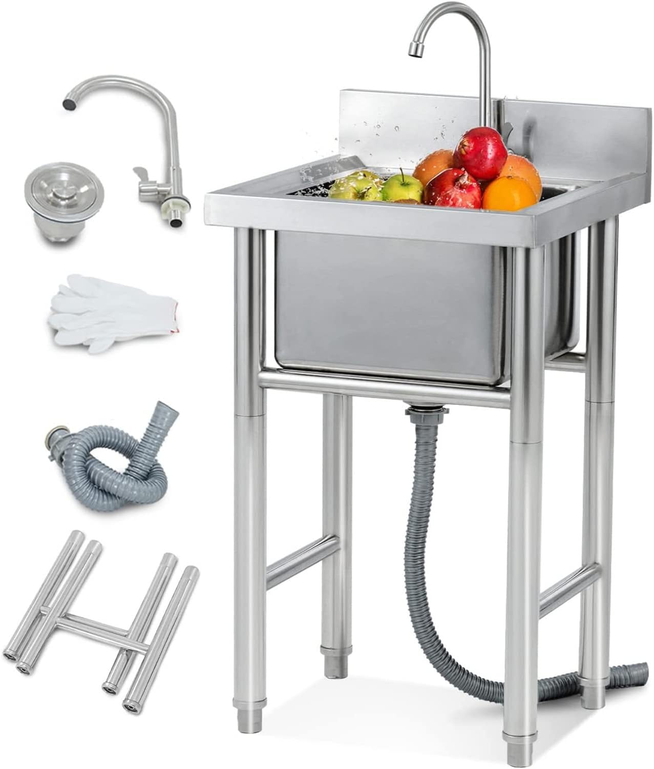 Psfghvz Móvil Fregadero de Cocina de Acero Inoxidable Fregadero Comercial con Grifo Fregadero de JardíN 1 Compartimientos, 2 Patas de Forma H, Grosor Acero 1mm para Interior y Exterior