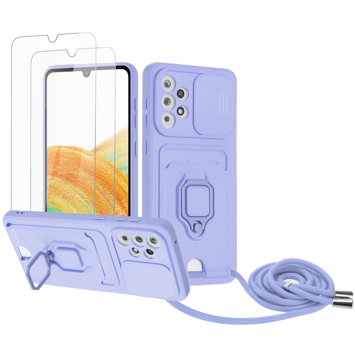 Zallagre Funda con Cuerda Compatible con Redmi Note 13 Pro 5G,[2 Packs Cristal Templado],Ranura para Tarjetas,Cubierta de Cámara Deslizante Proteger,360 Anillo Soporte-Morado — view 66