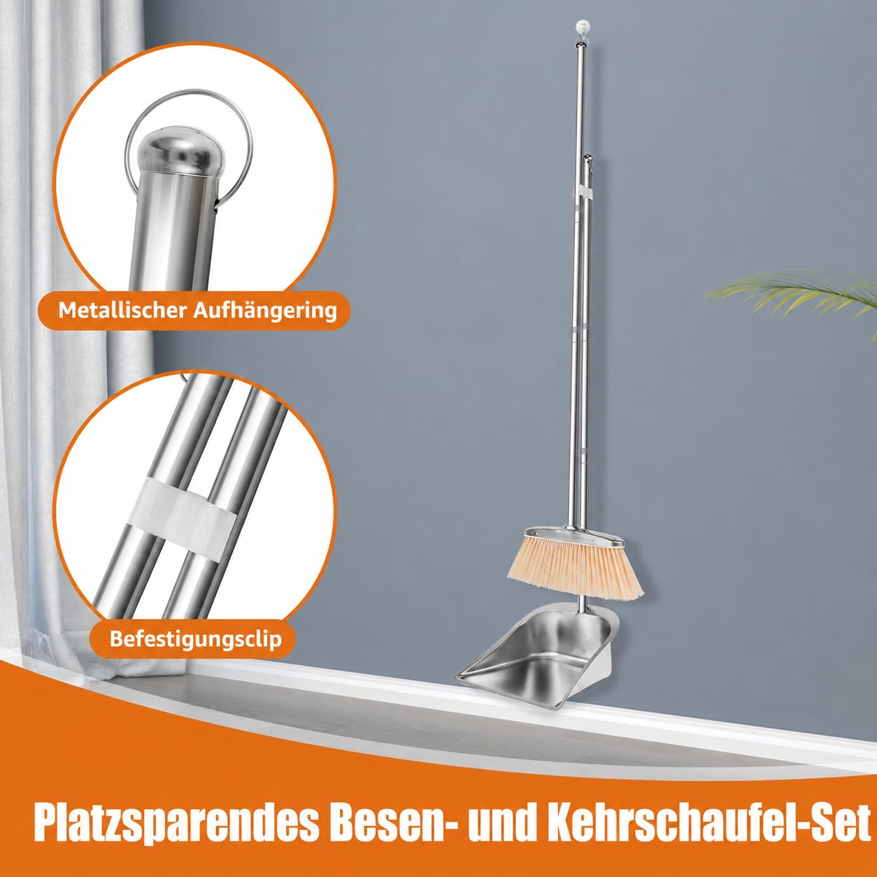 Besen und Kehrschaufel Set mit Langem Stiel 118cm Edelstahl Kehrmaschine und Kehrschaufel Außenbereich Aufrechter Schaufel und Besen Set für die Reinigung zu Hause Büro Veranda Terrasse (Quadrat)