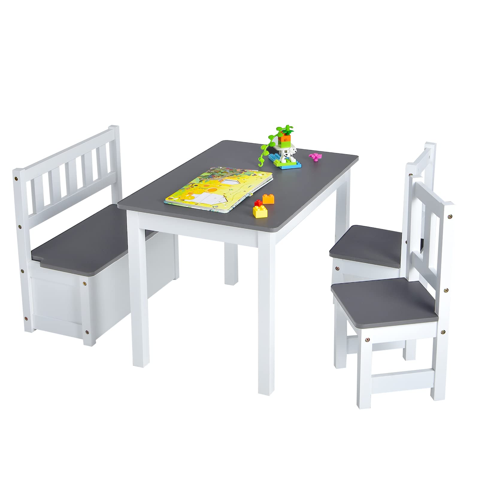 DREAMADE Kindertisch mit 2 Stühlen, Kindersitzgruppe mit 22L Strauraum, Kindertisch aus Holz, Kindertruhenbank Kindermöbelset Holzsitzgruppe für Kinderzimmer, Spielzimmer, Wohnzimmer (Grau)