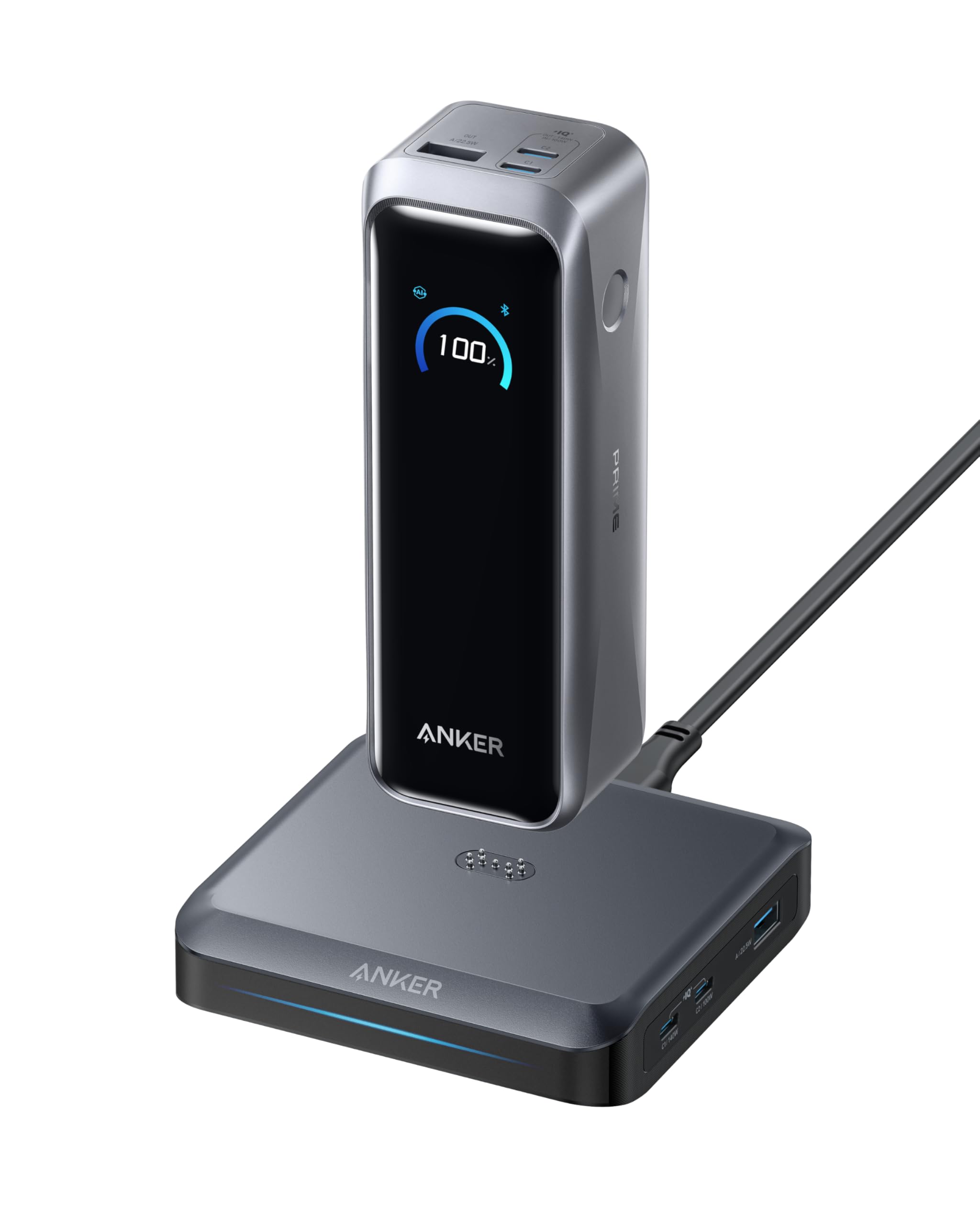 Anker Prime 20100mAh Powerbank mit Ladebasis, 220W Max | Lädt 6 Geräte, bidirektionales Laden, flugzeugtauglich, App-Steuerung, für MacBook und iPhone 17 / 16 Serie