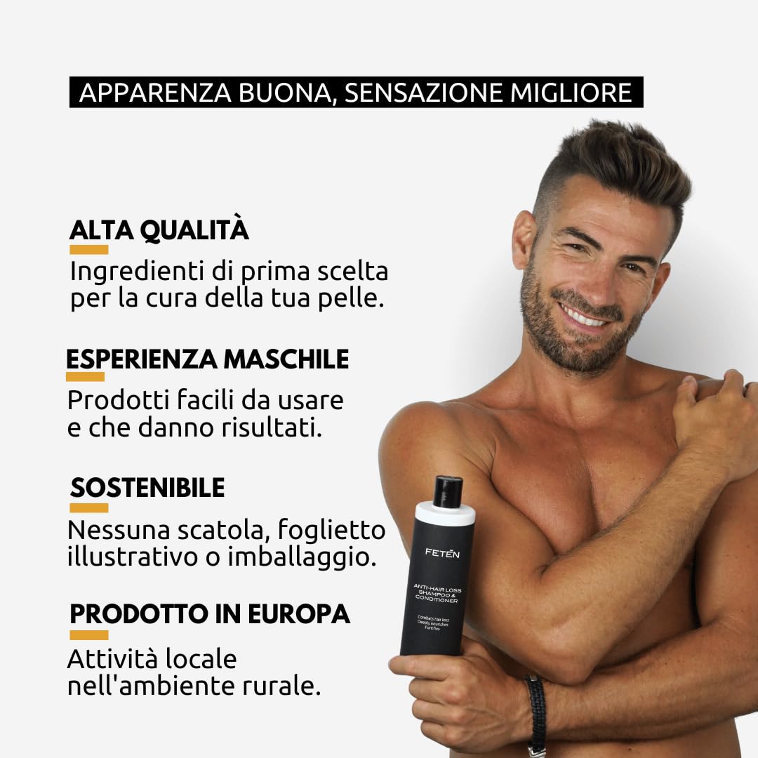 FETEN Shampoo Anticaduta per Uomo 400 ml, Lozione e Balsamo Volumizzante per Capelli Fini e Delicato, Trattamento Rinforzante Anti Caduta e Ricrescita, Shampoo Professionale per Lavaggi Frequenti