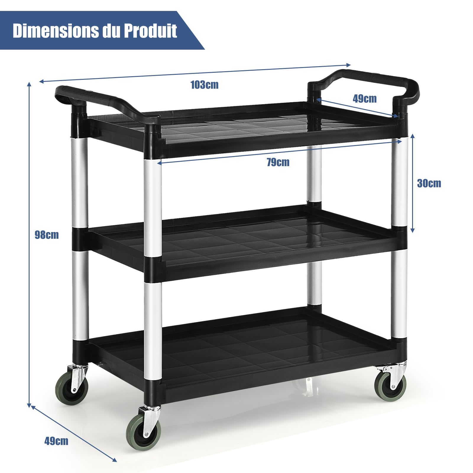 COSTWAY Chariot à roulettes 3 Étagères 150 kg, Chariot de Service Multifonctionnel avec Poignées adaptées, 4 Roues Flexibles (2 Verrouillable), 103 x 49 x 98 cm, Noir