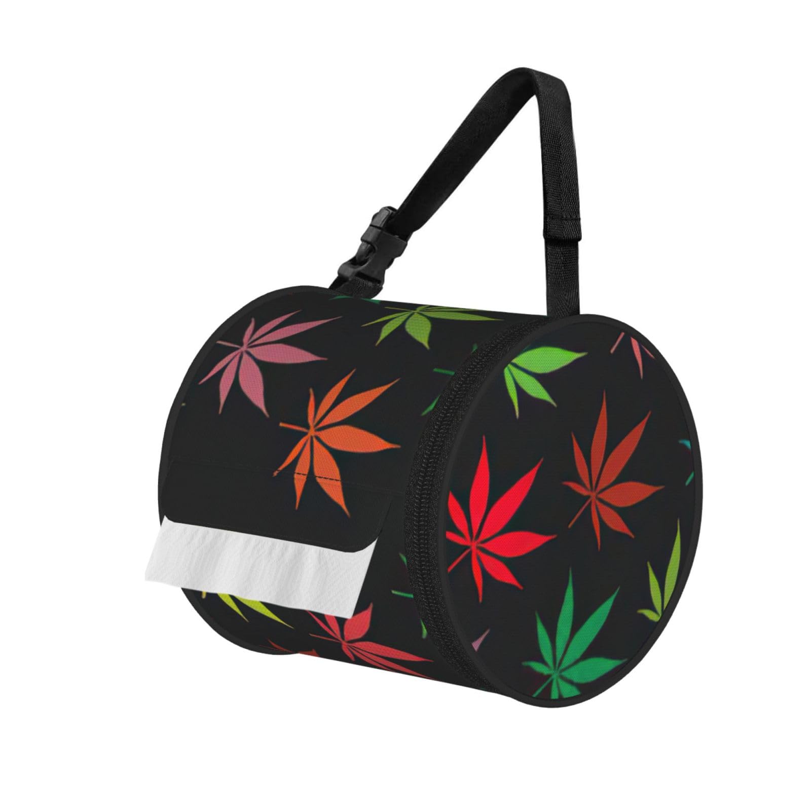 Colorful Cannabis Leaves Printed Roll Paper Carrier Bag, Foldable Oxford Cloth Tissue Case for Camping Hiking Backpack