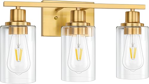 Miniatura 5 de Lámparas de pared doradas de latón cepillado con 3 luces, apliques de pared modernos con pantalla de vidrio transparente, lámpara de pared de baño