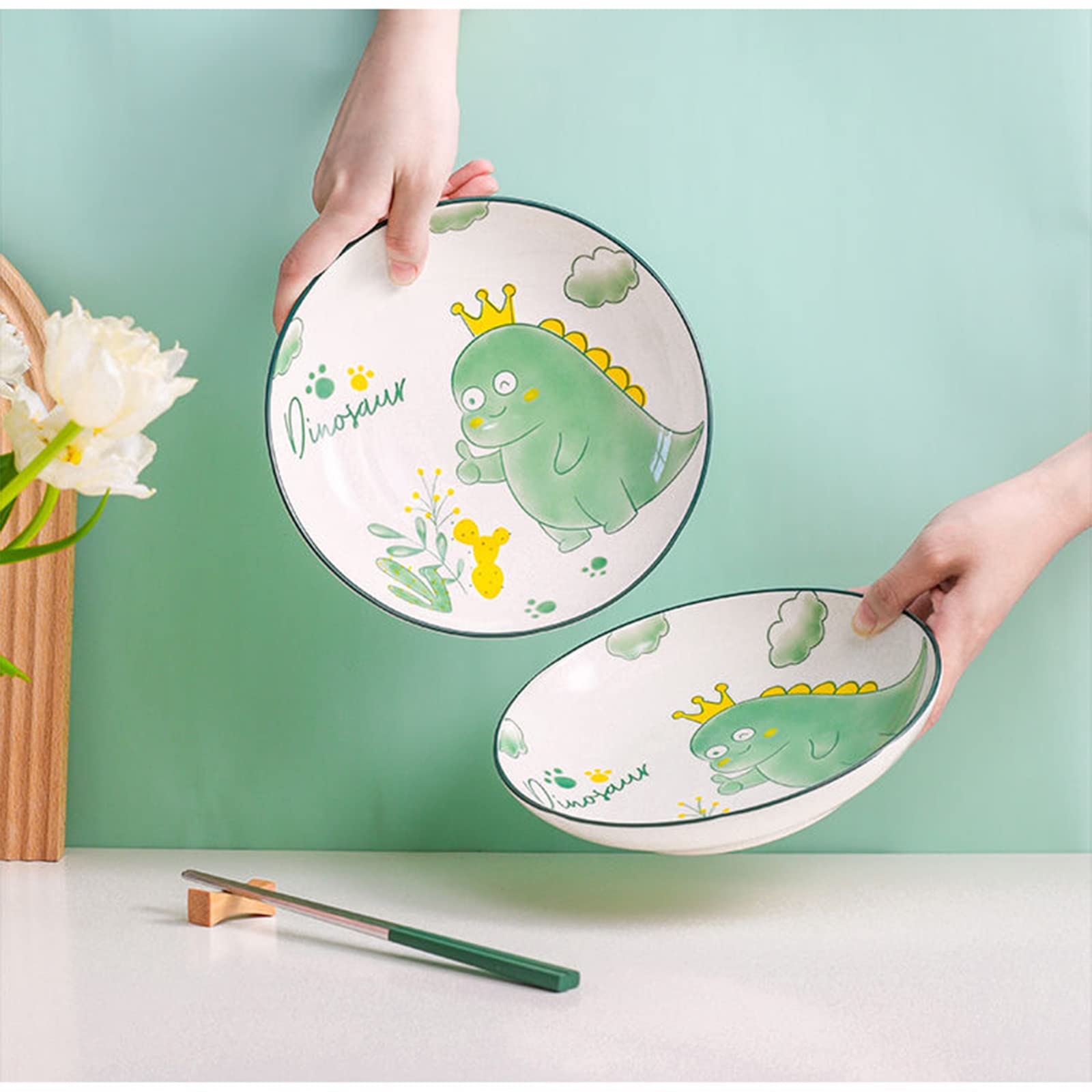 Juego de 5 platos de porcelana con patrón de dinosaurio, platos grandes de cerámica para ensalada de postre de 7 pulgadas, platos de pasta para filetes, pasta, pizza, aperitivos (aptos