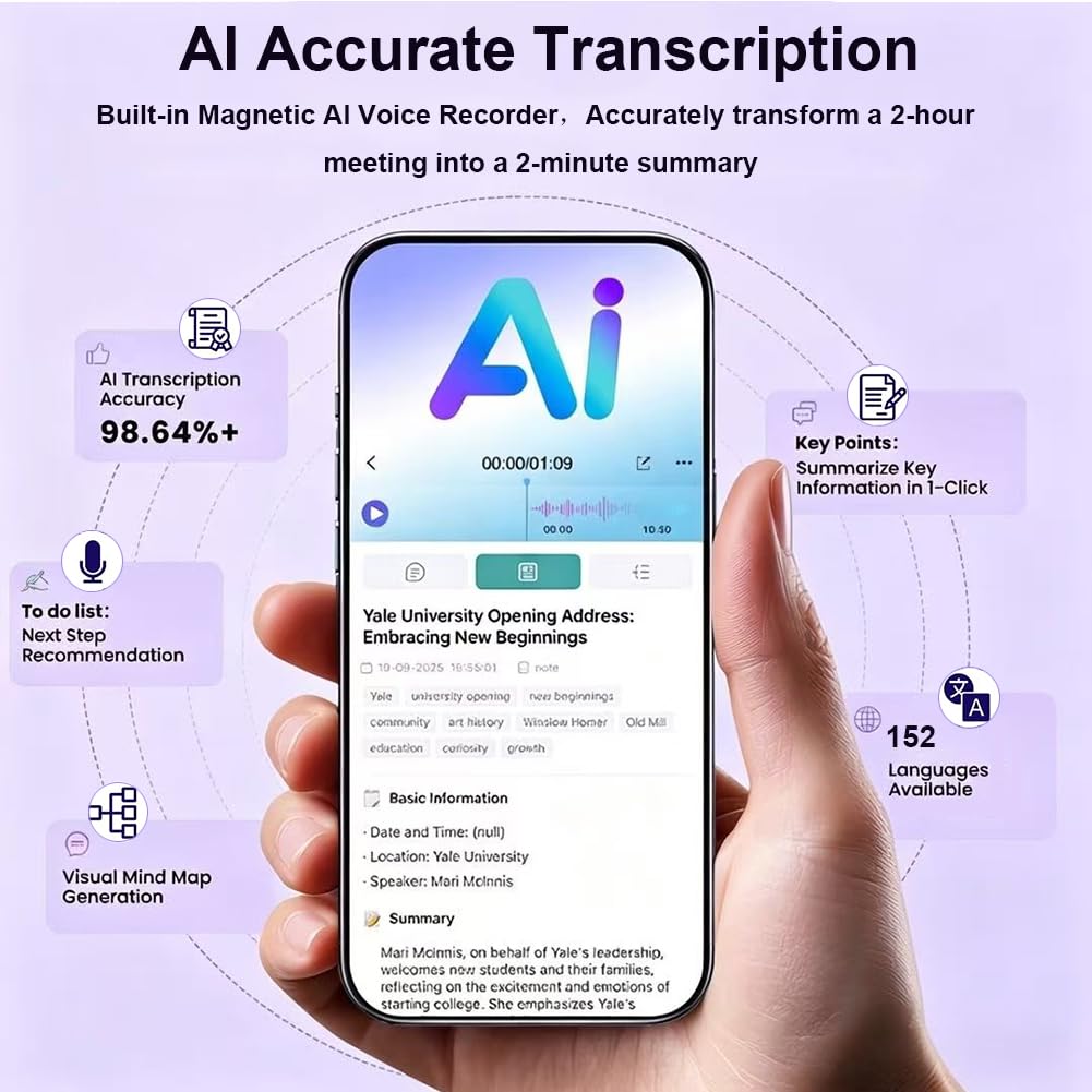 KI Digitales Diktiergerät mit 64GB, AI Voice Recorder mit Transkribieren und Zusammenfassen, App-Steuerung,One-Touch-Aufnahme,Unterstützt 152+ Sprachen Übersetzung, Für Telefonate, Besprechungen
