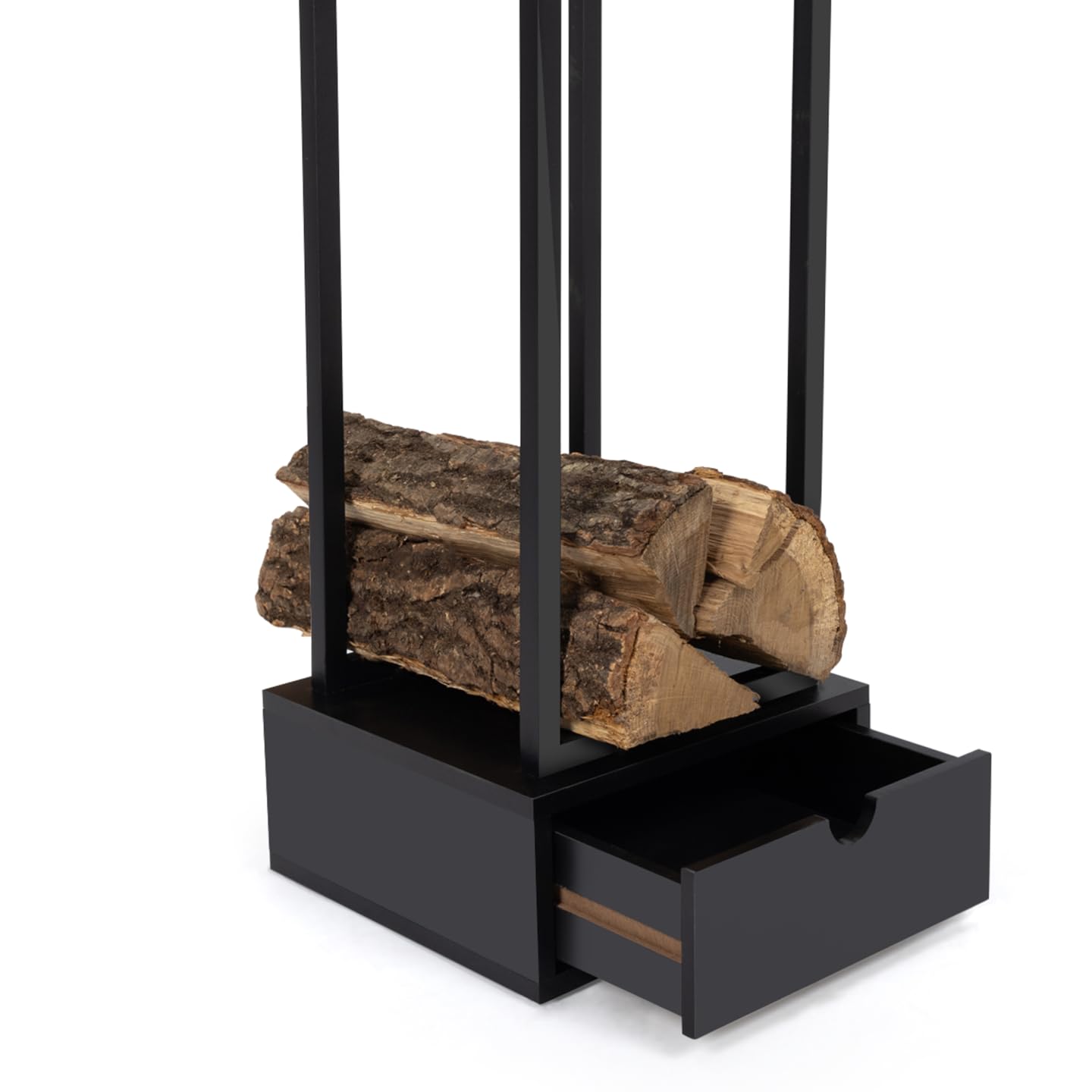IDMarket - Range bûches Vertical Acier Noir H. 125 CM avec tiroir pour cheminée