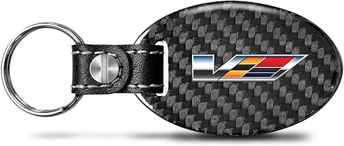 iPick Image Para Cadillac V Logo Negro Fibra de Carbono Real Forma Oval con Correa de Cuero Negro Llavero Llavero con Licencia Oficial, Negro -