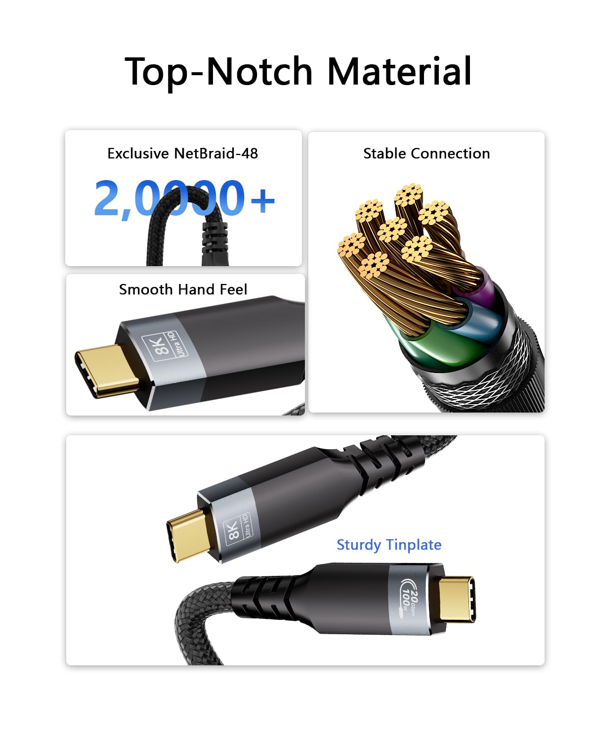 Pacco da 2 Cavi usbc-c lungo 6 mt, compatibili con Thunderbolt 3 e Type-C, 20Gbps, ricarica rapida 100W 5A, supporto video 8K@30Hz e 4K@120Hz, treccia in nylon, universali per notebook, SSD