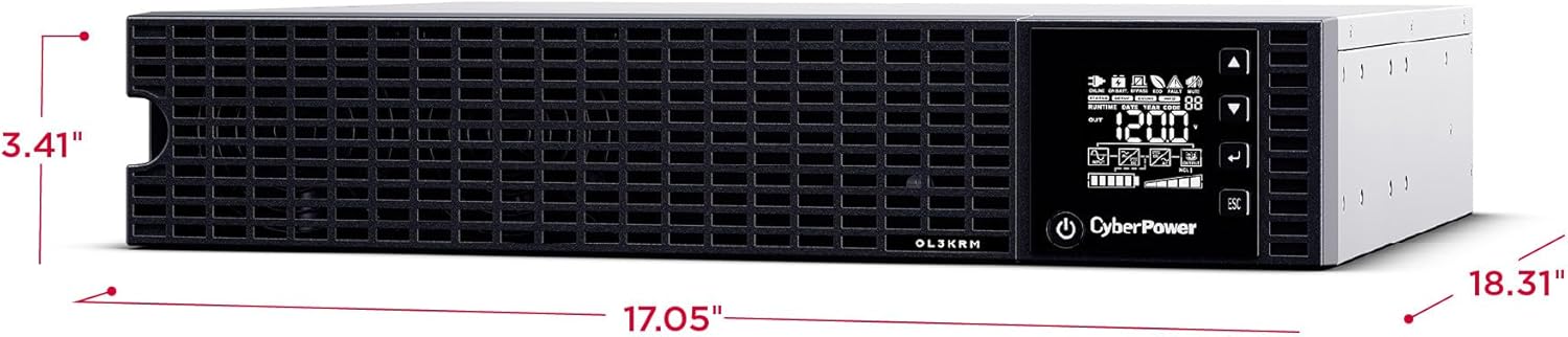 CyberPower OL3KRM Essential Online UPS System, Double‑Conversion, 3000VA/2400W, 7 Outlets, Rackmount, Sinewave, LCD Panel, EBM Option, UL Certified