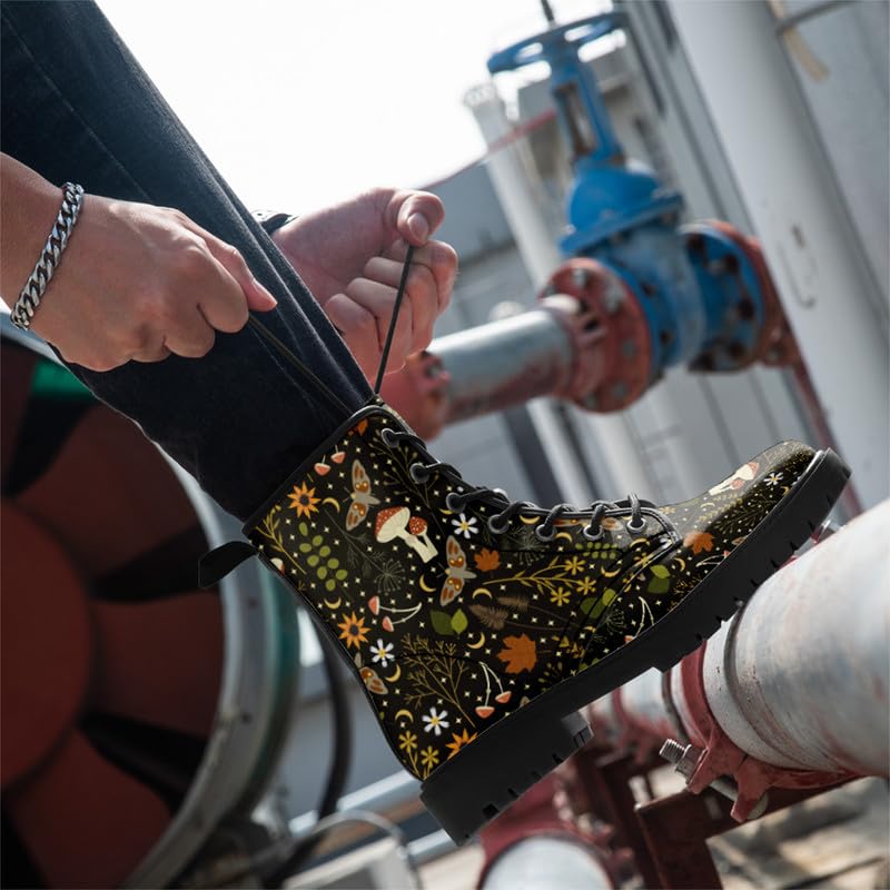 Image of Fashion Ankle Boots For Men Women Floral Mushroom Star Trendy Lace Up Unisex Booties Combat Trendy Street Wear Boots