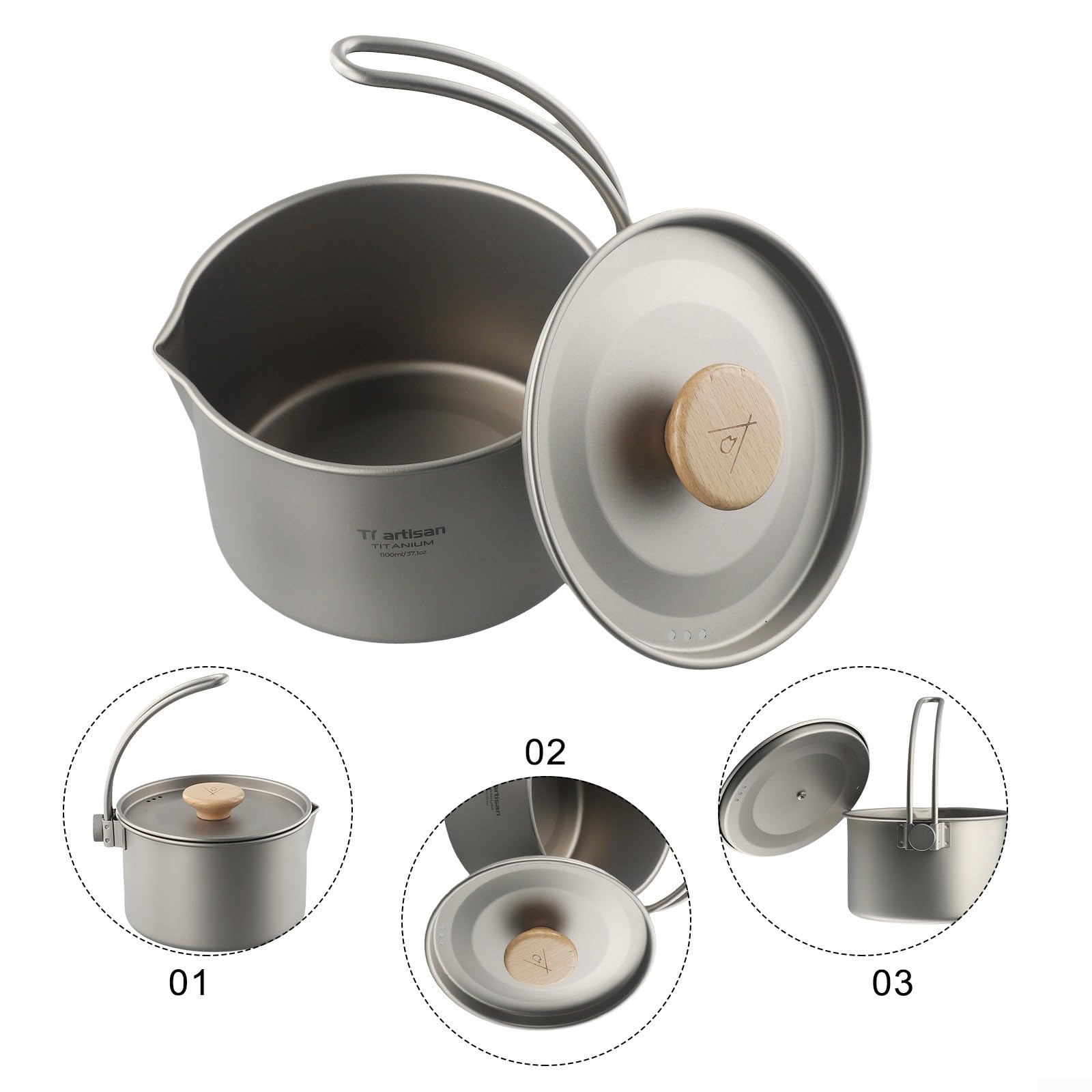 Olla de titanio para camping, olla colgante de 1,1 L con mango desmontable y bolsa de almacenamiento, para acampar al aire libre y senderismo
