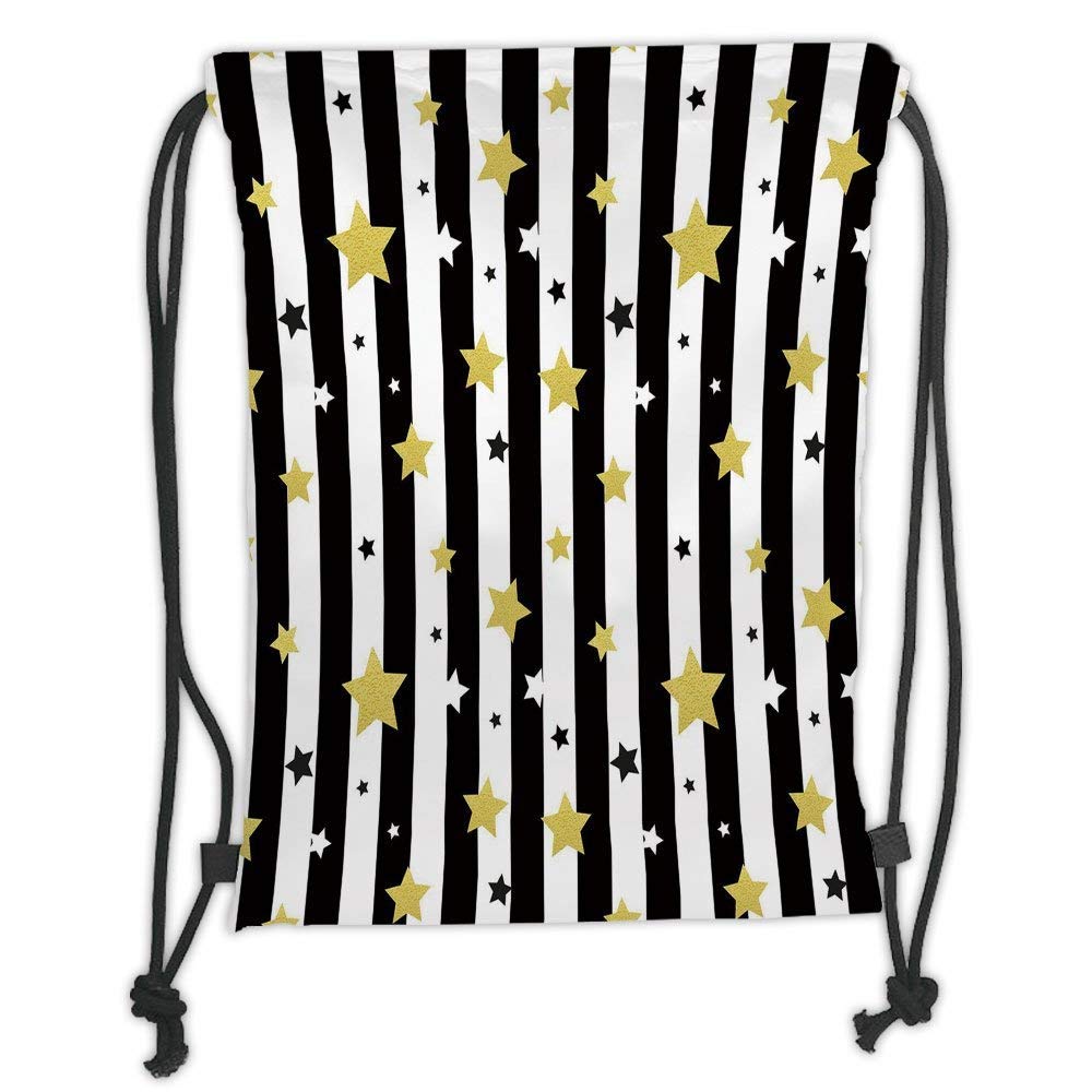 Custom Printed Drawstring Backpacks Bags,Gold and White,Christmas Birthday Party Themed Stars on Stripes Lines Backdrop,Black White and Yellow Soft Satin,5 Liter Capacity,Adjustable String Closur