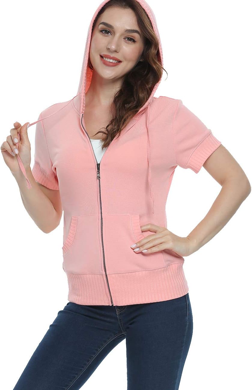 MISS MOLY Women's Short Sleeve Hoodie Full Zip Up Cotton Slim Fit Sweatshirt with Pocket - Image 4