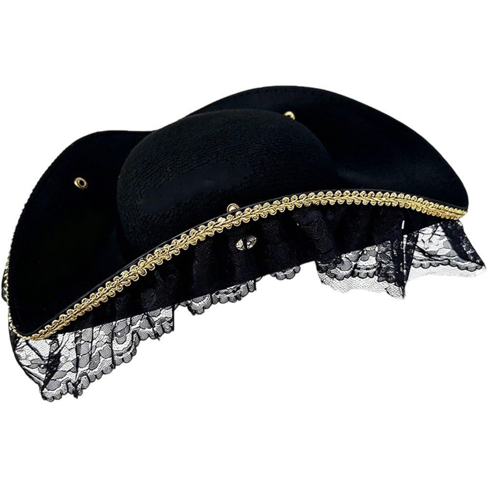 Lamdbao Pirate Hat with Feather and Lace Trim Pirate Costume Accessories, Halloween Cosplay Costume Hats Medieval Colonial Tricorn Hat