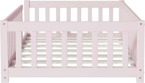 Miniatura 72 de Harper & Bright Designs Cama de suelo tamaño Queen con valla y puerta, marco de cama Montessori de madera para niños, niñas, listones incluidos, no
