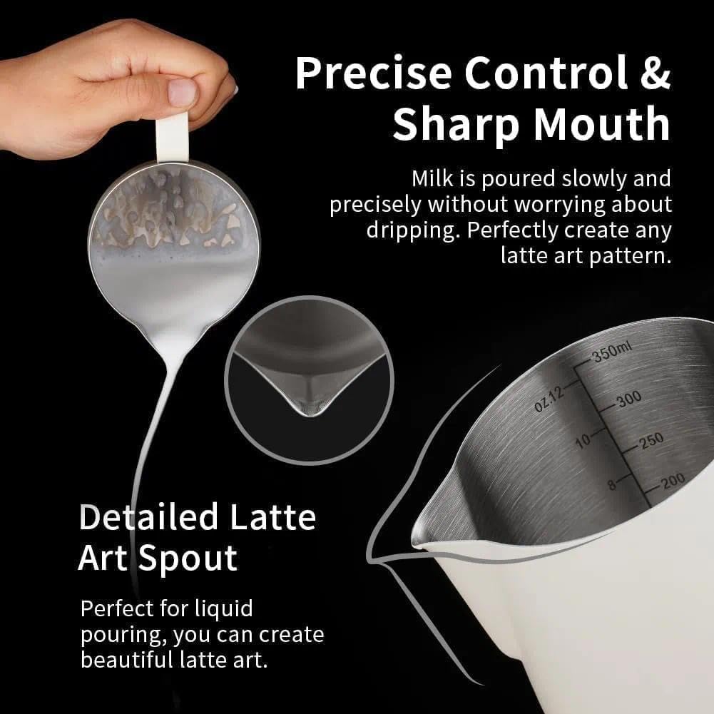 watchget - Jarra espumadora de leche de 350 ml, jarra de vapor de acero inoxidable, jarra de espuma de leche, capuchino, latte, accesorios para máquina de café, jarra de leche, taza espumadora de