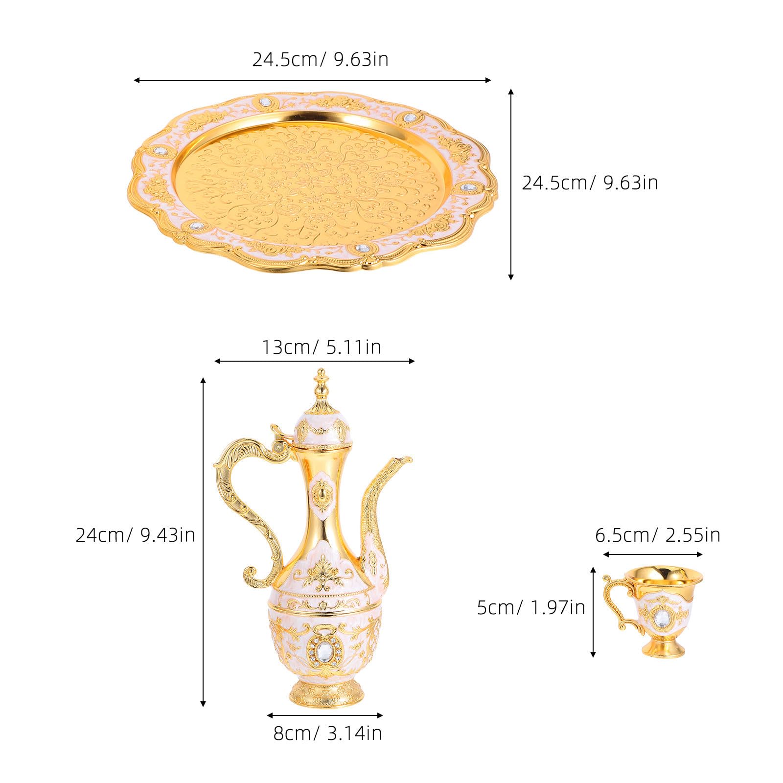 KICHOUSE Ensemble de Verres à Shot Vintage en Alliage de Zinc 250ml et 30ml avec Plateau Doré, Gobelets à Boire en Relief pour Mariage ou Tea Party Élégant