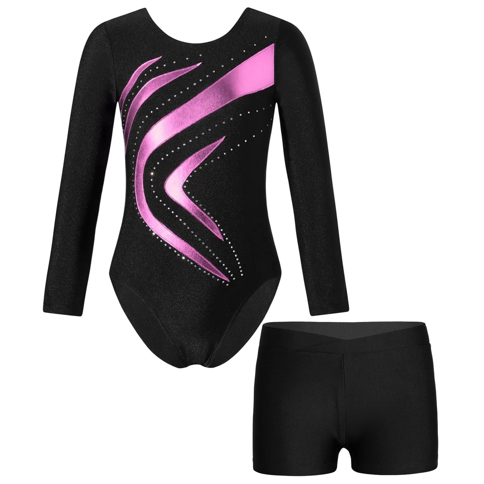 Malla de gimnasia de manga larga for niñas, mono de retazos con brillantes diamantes de imitación y pantalones cortos, disfraz de competición de baile Para las bailarinas