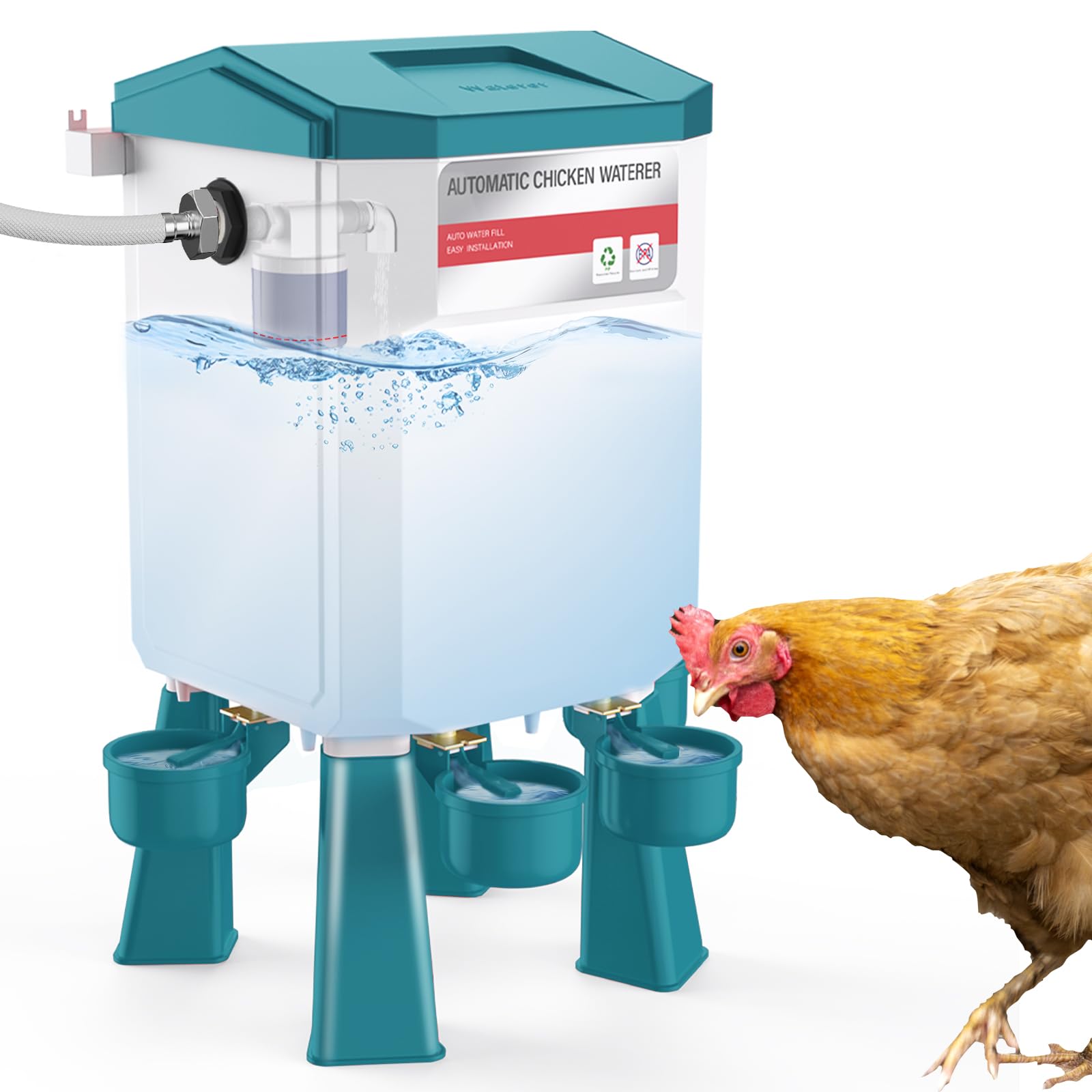 Bebedero automático de pollo, 2 galones, alimentador de agua para pollo controlado por flotador con 4 tazas de agua, manguera de 158.4 pulgadas con extremos de 3/4 pulgadas y 1/2 pulgadas, bebedero