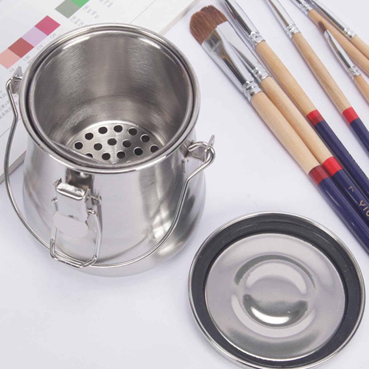 Nettoyeur de Pinceaux Peinture en Acier Inoxydable Double Couche Léger et Résistant pour Lavage Pratique Pinceaux Présent Anniversaire